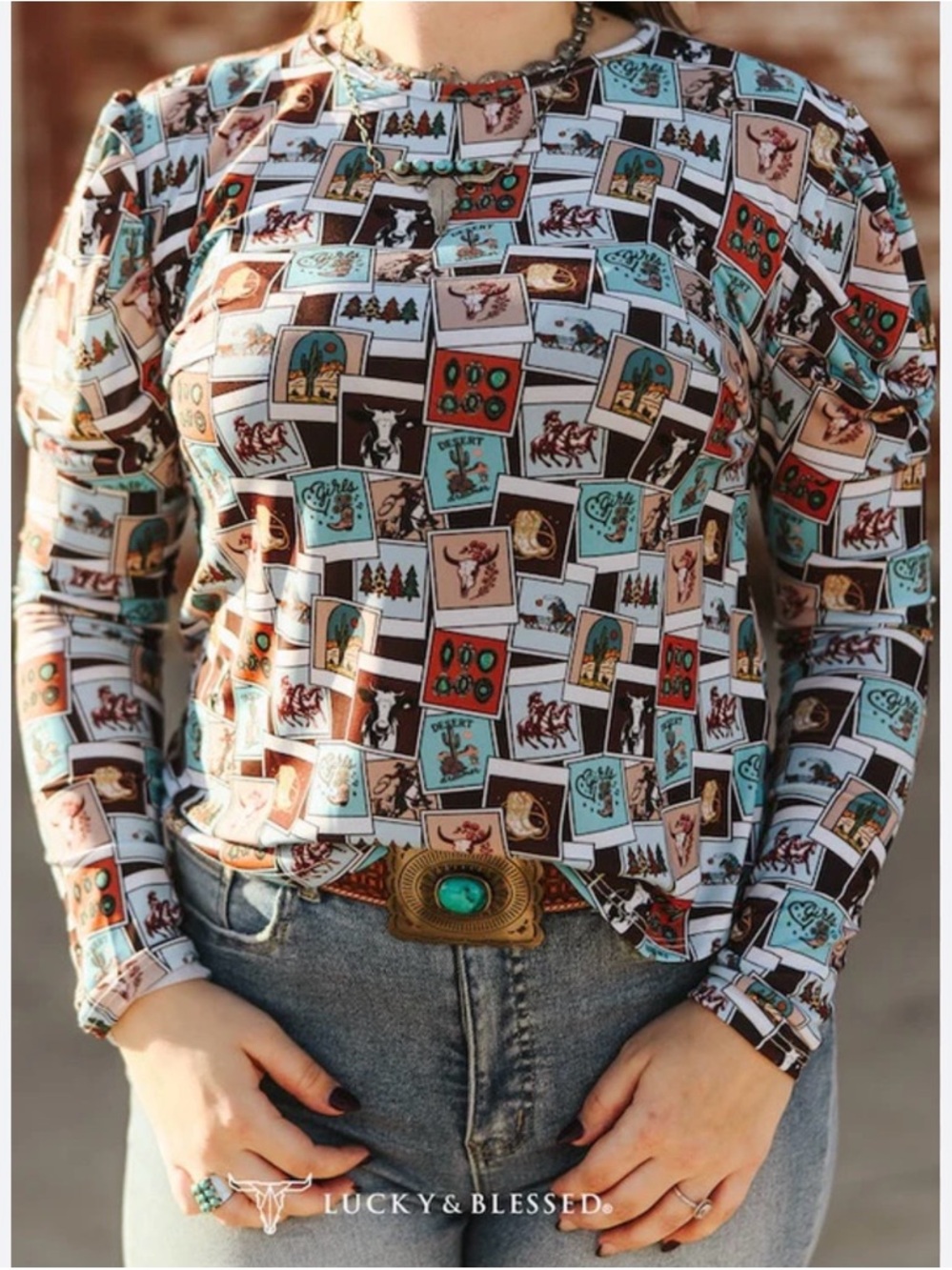 NWT Lucky & Blessed Multi-Color Graphic Patchwork Long Sleeve Top